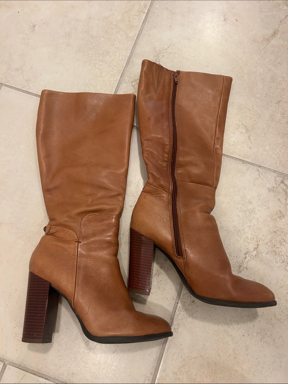 liz & co. Brown Leather Mid-Calf Block Heel Boots
